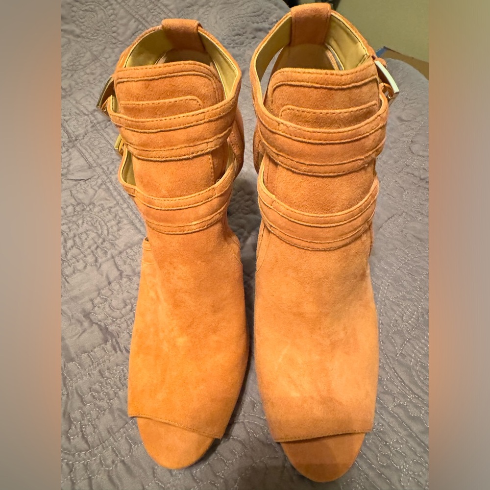 MICHAEL Michael Kors Salmon Pink Blaze Peep-Toe Suede Booties SIZE 10